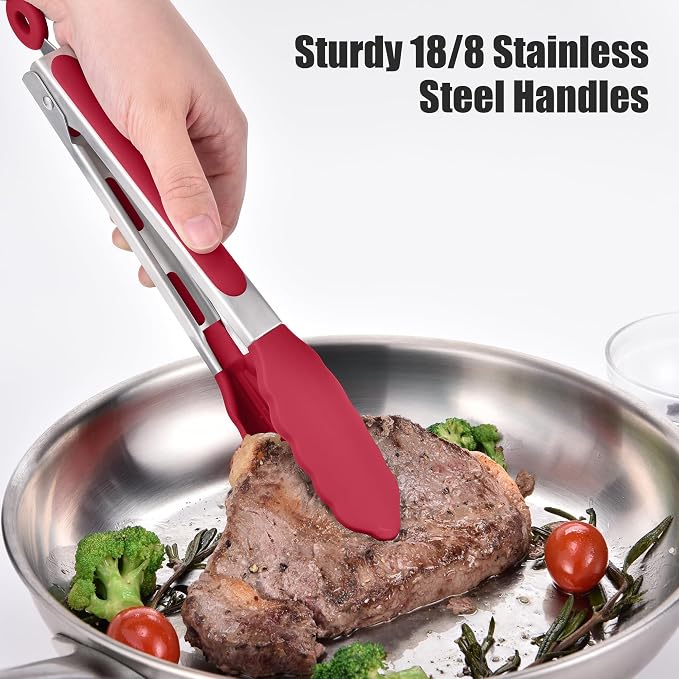 Doosu Kitchen Tongs with Silicone Tips for Cooking Serving (9in, Red) | 600°F Heat Resistant Food Tong, Heavy Duty Stainless Steel Locking Tong for BBQ, Grilling Steak, Salad, Toast, Pasta
