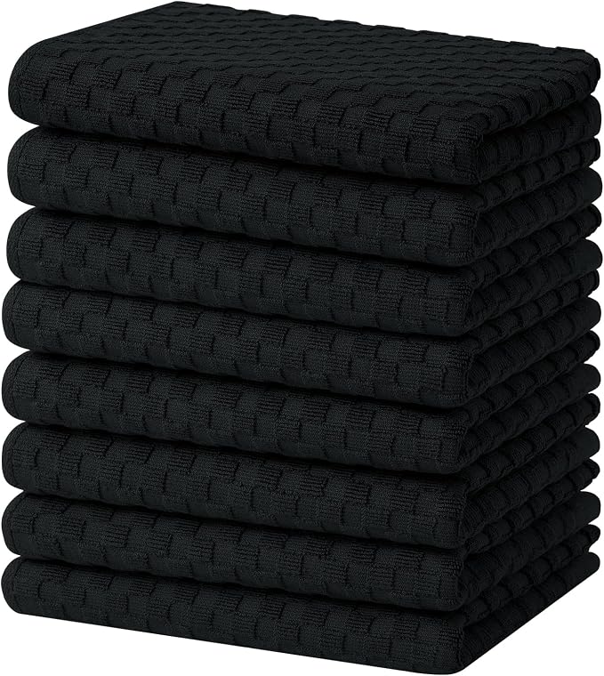 Homaxy 100% Cotton Terry Kitchen Towels(15" x 25", 8 Pack), Black | Soft and Super Absorbent Dish Towels, 380 GSM Reusable Tea Towel with Hanging Loop, Pineapple Grid Designed