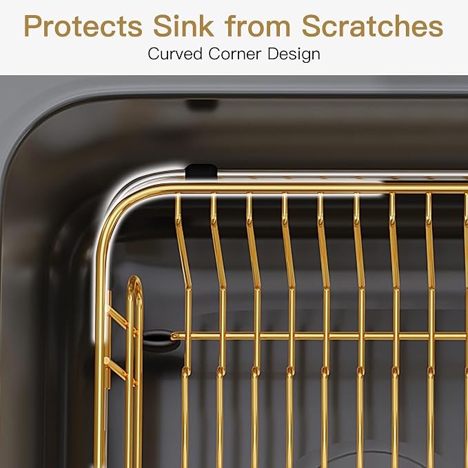 JASIWAY Gold Dish Drying Rack in Sink with Utensil Holder, RV, Apartment | Over Sink Expandable Stainless Steel Dish Drainers for Compact Kitchen, Space Saving, Fast Drain, Rustproof, For 1-2 people