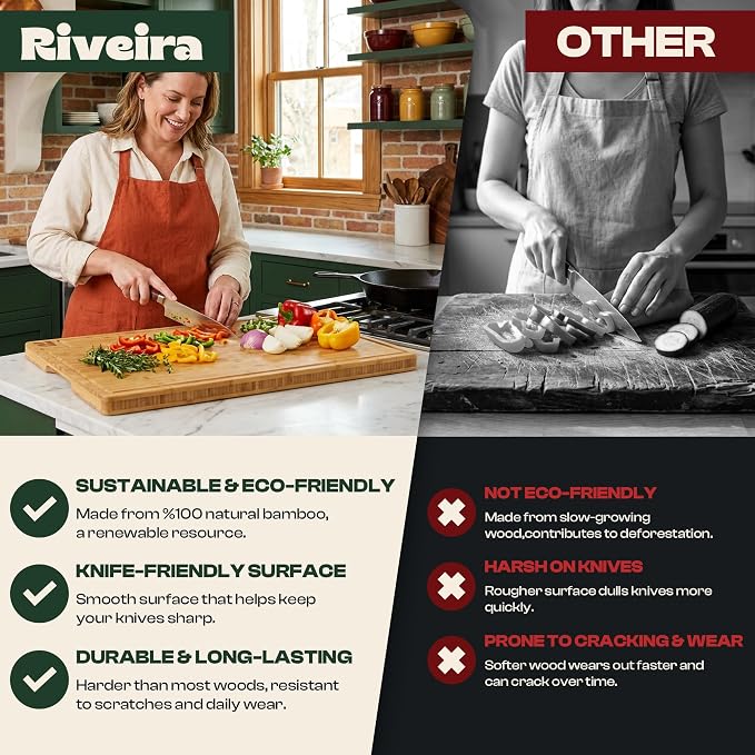 Riveira Extra Large Bamboo Cutting Board, 30" x 20", 0.8 Inch Thick – Cool Stove Top Cover Cutting Board, Noodle Board Stove Cover with Juice Groove, Reversible Butcher Block for Charcuterie