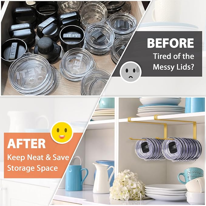 2 Pack Tumbler Lid Organizer, Versatile Tumbler Storage Holds 20 Lids Gold | Space Saving Cup Lid Organizers Inside Cabinet Tumbler Lid Hook for Kitchen Organizer and Storage, Paper Towel Rack Hanger