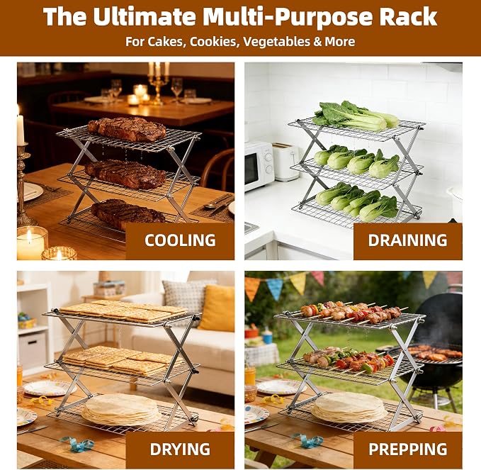 4 Tier Collapsible Cooling Rack Sourdough Cooling Rack 17"x10" | Cooling Racks for Cooking and Baking, Roasting, Grilling, Adjustable 6 Setting Design stackable, Oven & Dishwasher Safe