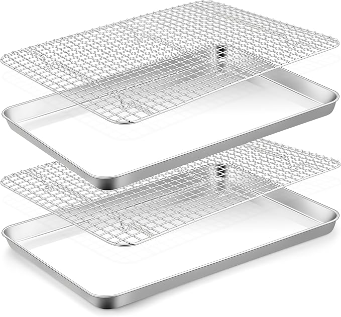 TeamFar Cookie Sheets with Cooling Racks, 2 Pans + 2 Racks, 16x12x1 Inch | Stainless Steel Baking Sheet Pans with Grid Wire Racks for Cooling Baking Roasting, Non-Toxic & Heavy Duty, Dishwasher Safe