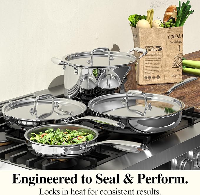 Umite Chef Stainless Steel Frying Pan Set with Lid, 3Pcs Skillet Set (Includes 8",10",12") - 5 Ply Stainless Clad - Heavy Duty & Professional Cookware Set, Fast & Even Heat, Dishwasher and Oven Safe