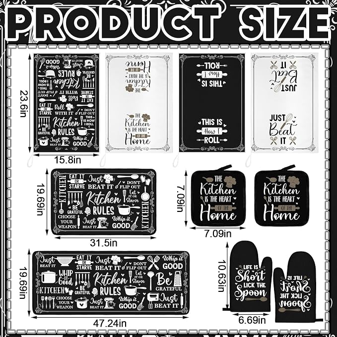 Fourluoo 10 Pcs Farmhouse Kitchen Decor Set Dish Towels Kitchen Rugs Oven Mitts and Pot Holders Home Decor for Cooking Baking Grilling Women Mom Gift