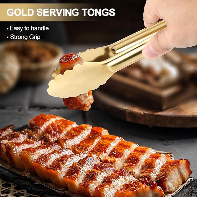 4 Pack Gold Tongs for Serving Food, 9 Inch Serving Tongs for Buffet, Party Salad Tongs for Stainless Steel Utensils, Metal Kitchen Tong for Steak, Appetizer, Snack and Small Food