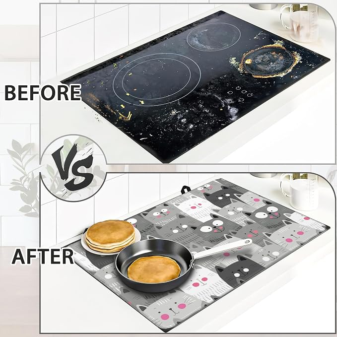 Electric Stove Top Cover Protector – Gray Cartoon Cat Glass Flat Top Stove Mat Oven Induction Cooktop Mat for Ceramic Countertop Mats Heat-Resistant Dish Drying Mat