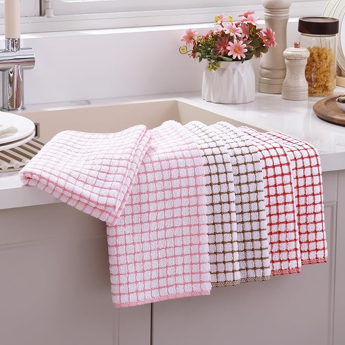 Mordimy Cotton 6 Pack Terry Kitchen Towels, 16 x 25 Inches | Super Soft and Absorbent Dish Towels, Quick Drying Hand Towels for Kitchen Drying, Pink/Red/Brown