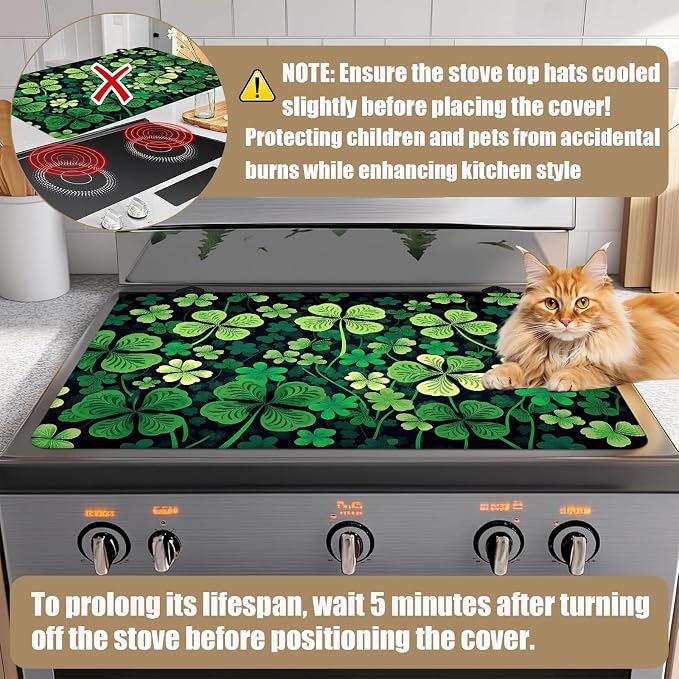 Green Clover Shamrock Stove Top Covers for Electric Stove, St.Patrick's Day Electric Gas Stove Pad Heat Resistant Range Cooktop Protector for Home Decor Kitchen 28"x20"