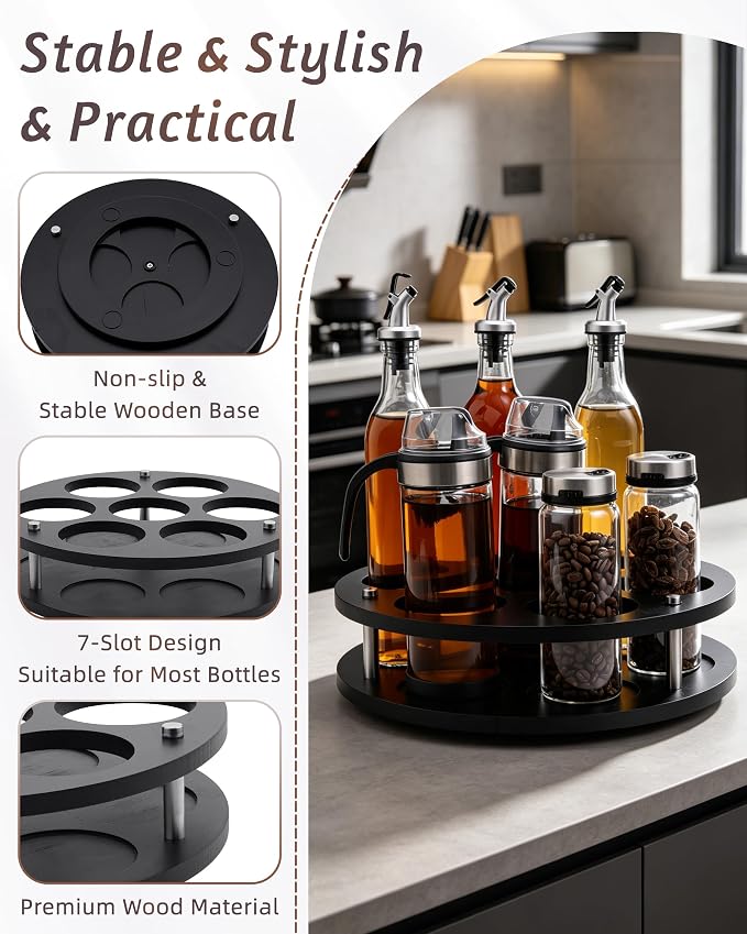 Rotating Wood Tumbler Organizer, 30 oz 40 oz Spinning Turnable Tumblers Holder, 360° Rotatable 7 Large Cups Bottle Tumbler Storage Display Stand, Rotate Syrup Organizer for Cabinet Countertop（Black）