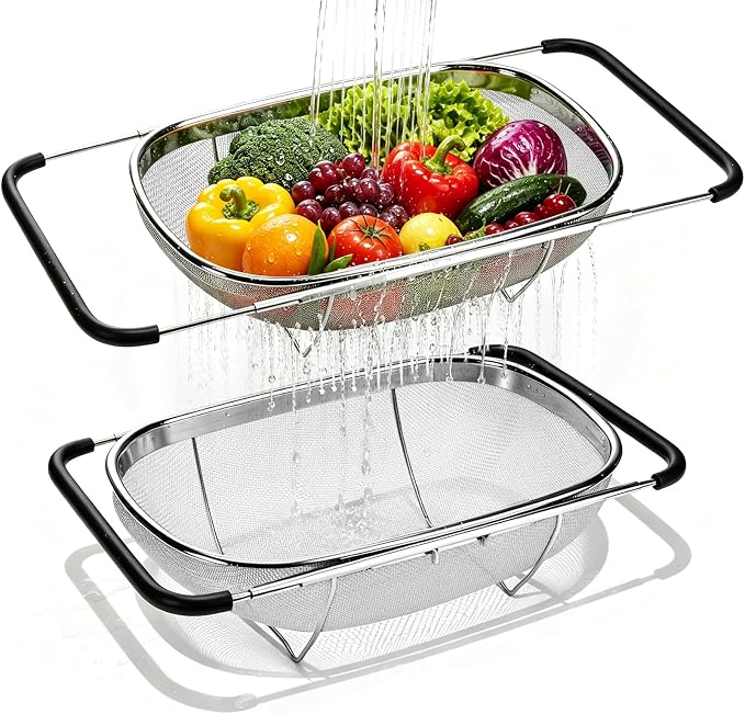 Palksky Over the Sink Colander, Stainless Steel Fine Mesh, 6 Quart 2 Pack | Expandable handles fit most sinks; fine mesh drains pasta, rice & produce