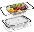 Palksky Over the Sink Colander, Stainless Steel Fine Mesh, 6 Quart 2 Pack | Expandable handles fit most sinks; fine mesh drains pasta, rice & produce