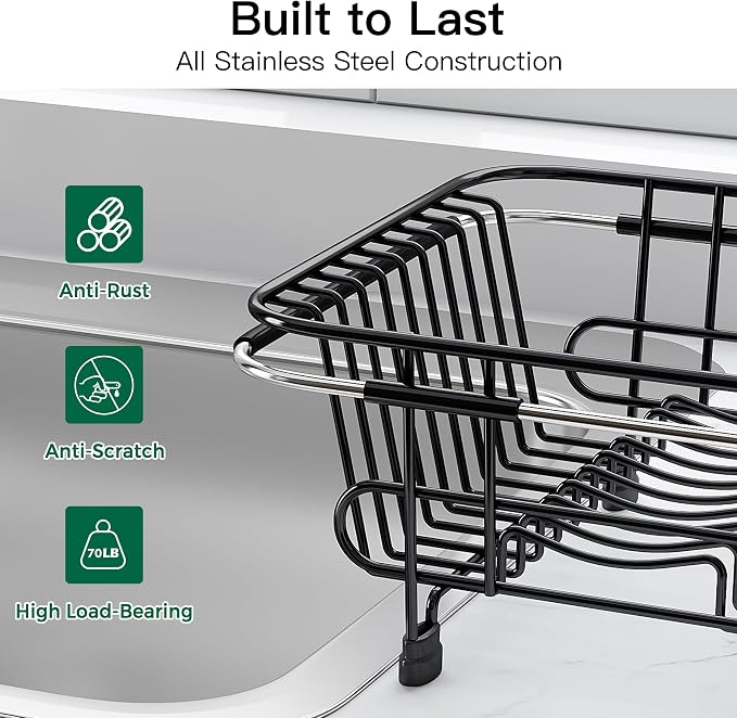 JASIWAY Black Dish Drying Rack in Sink with Utensil Holder, RV, Apartment | Over Sink Expandable Stainless Steel Dish Drainers for Compact Kitchen, Space Saving, Fast Drain, Rustproof, For 1-2 people