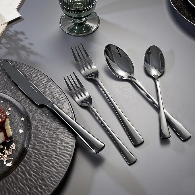 18/10 Flatware set for 4, 20 Piece Black Stainless Steel Silverware Set | KINGSTONE Forged Flatware Cutlery Set, Mirror Polished Knives Fork and Spoon Utensils, Dishwaher Safe for Home Wedding Party
