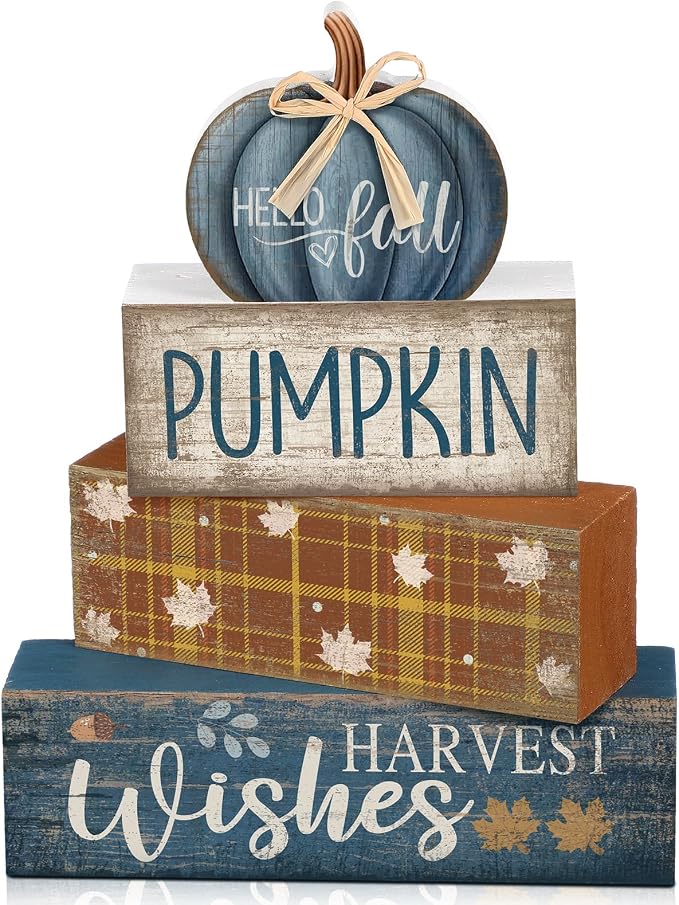 Lineshading 4 Pcs Blue Pumpkin Wooden Block Signs Fall Farmhouse Decor | Tiered Tray Tabletop Centerpiece, Harvest Wishes Thanksgiving Display, Rustic Stacked Signs with Buffalo Plaid Bow Accent