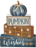 Lineshading 4 Pcs Blue Pumpkin Wooden Block Signs Fall Farmhouse Decor | Tiered Tray Tabletop Centerpiece, Harvest Wishes Thanksgiving Display, Rustic Stacked Signs with Buffalo Plaid Bow Accent