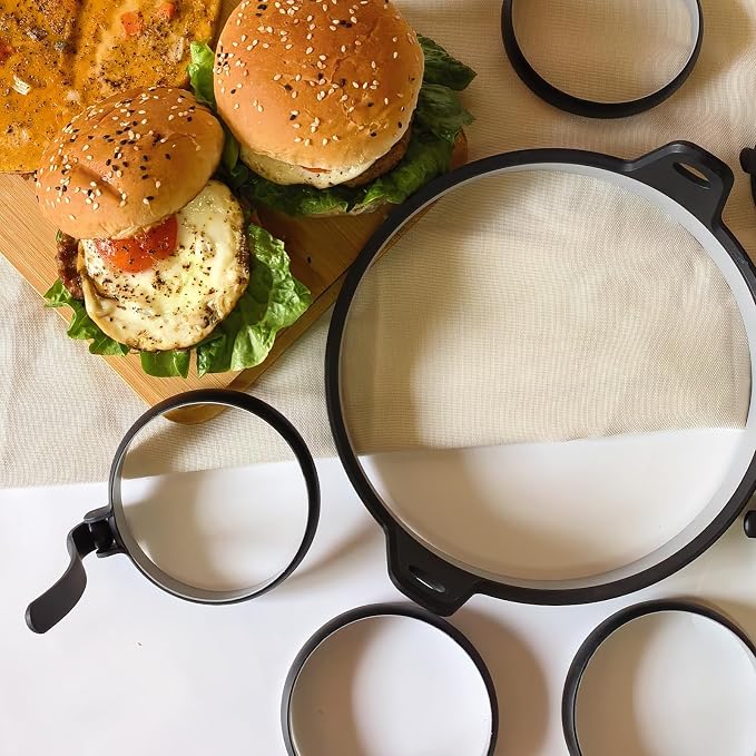 Nonstick Silicone Egg & Omelet Ring Kit,4" Egg Rings & 8" Omelet Ring, Egg Rings for Frying Eggs, Pancakes, Patties and English Muffins, 7 Piece Set (BLACK)