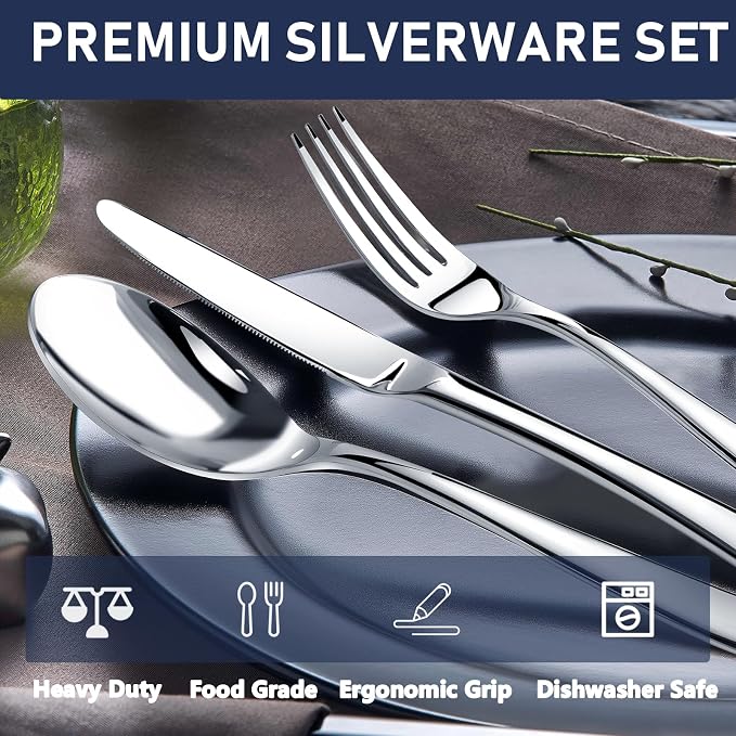 Heavy Duty Silverware Set for 8, Stainless Steel Flatware Cutlery Set | Heavy Duty Steak Knife Fork and Spoon, Dishwasher Safe, Gift Package for Wedding Housewarming