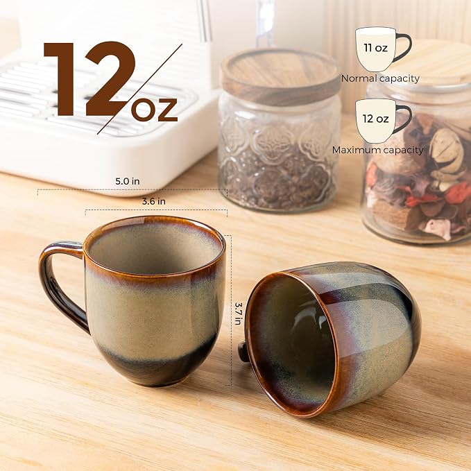 theterra Ceramic Coffee Mugs Set of 6, 12 oz Coffee Cups with Handle | Handmade, Suitable for Latte, Tea, Milk, Beer & Hot Cocoa, Mocha Brown