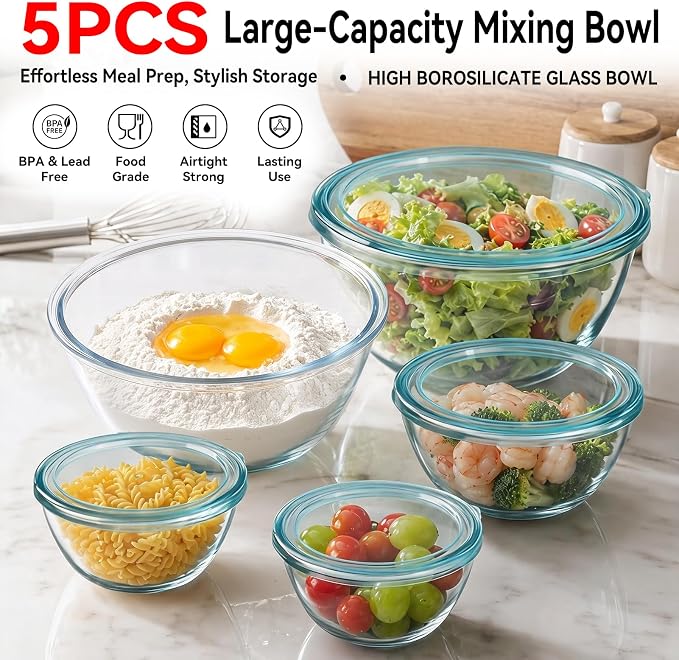 YUANYE 5 Pack Glass Mixing Bowls with Lids Set (5QT/2.5/1.5/0.9/0.6QT), Thick Glass Large Salad Bowl Set, Nesting Kitchen Bowls for Serving,Prepping,Cooking and Baking,Dishwasher,Oven,Microwave Safe