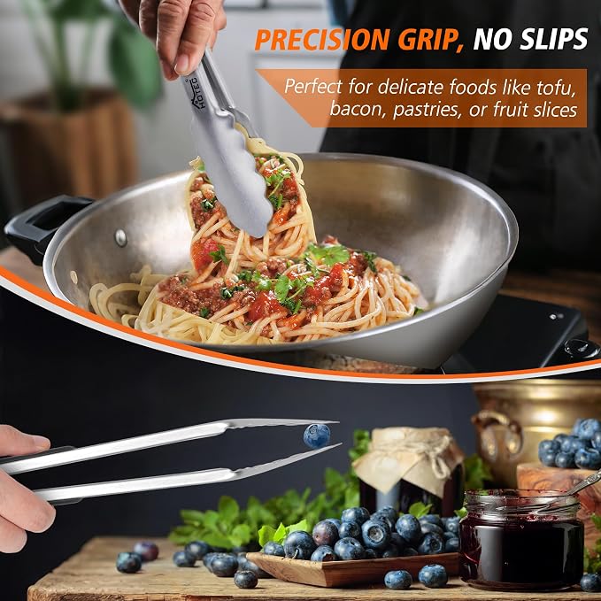 Hotec Stainless Steel Kitchen Tongs, Locking Metal Food Tongs for Cooking, Serving, BBQ, Grill & Air Fryer with Non-Slip Grip, Set of 3-7", 9" and 12"