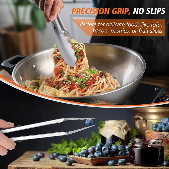 Hotec Stainless Steel Kitchen Tongs, Locking Metal Food Tongs for Cooking, Serving, BBQ, Grill & Air Fryer with Non-Slip Grip, Set of 2-9"