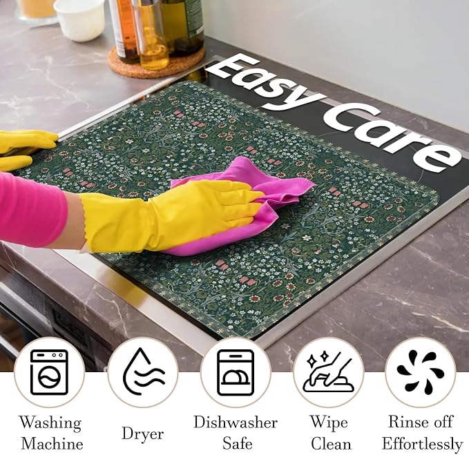 Boho Glass Stove Top Cover for Electric Stoves,Vintage Floral Farmhouse Stove Top Cover for Kitchen Decor,Heat Resistant Cooktop Protector Mat,Non-Slip Washable Dish Drying Mat 28"x20"