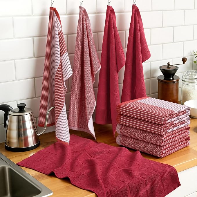 Homaxy 9 Pack Cotton Terry Premium Kitchen Towels, 18 x 28 in, Red | Large 380 GSM Dish Towels, Highly Absorben Flat & Terry Kitchen Hand Towels, Soft Utility Tea Towel Set with Hanging Loop