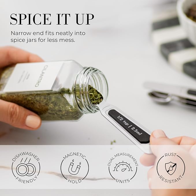 Styled Settings Stainless Steel Magnetic Measuring Spoons Set, 8-Piece | BPA-free, Stackable, Double Sided Measuring Spoons with Leveler for Dry and Liquid Ingredient - Fits in Spice Jars