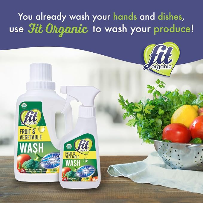 Fit Organic Soaker Produce Wash – USDA Certified Organic & Kosher Fruit and Vegetable Cleaner – Removes Surface Contaminants – Family & Pet Safe, Chemical-Free, 32 Oz
