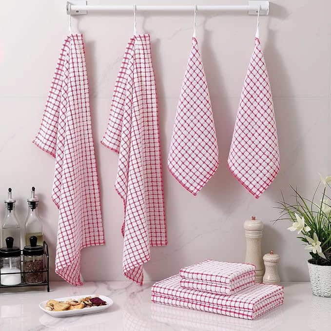 Homaxy Kitchen Towels and Dishcloths Set, Set of 8, Red | Cotton Terry Kitchen Dish Towels, Super Soft and Absorbent Dish Cloths, 16 x 25 and 12 x 12 Inches
