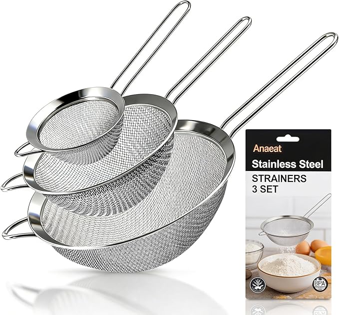 Anaeat Fine Mesh Strainers - Premium Stainless Steel Colander Sieve Sifters, with Durable Mesh and Sturdy Handle, Excellent for Sifting Dry ingredients, Flour, Pastas, Rice, Tea (2.8"+4.73"+7.09")