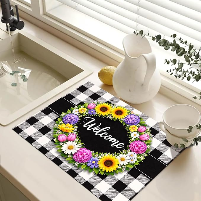 HOMETITUTE Spring Stove Top Covers for Electric Stove 28x20 Inches Welcome Floral Ring Buffalo Plaid Glass Cooktop Protector Pad Decorative Stovetop Cover Dish Drying Mats for Kitchen Decor