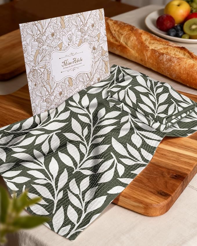 370GSM Cotton Waffle Kitchen Towels, Leaf | Pure Cotton, Sustainable, Waffle Weave, Terry Cloth, Highly Absorbent, Decorative, 16"x25", with Hanging Loop