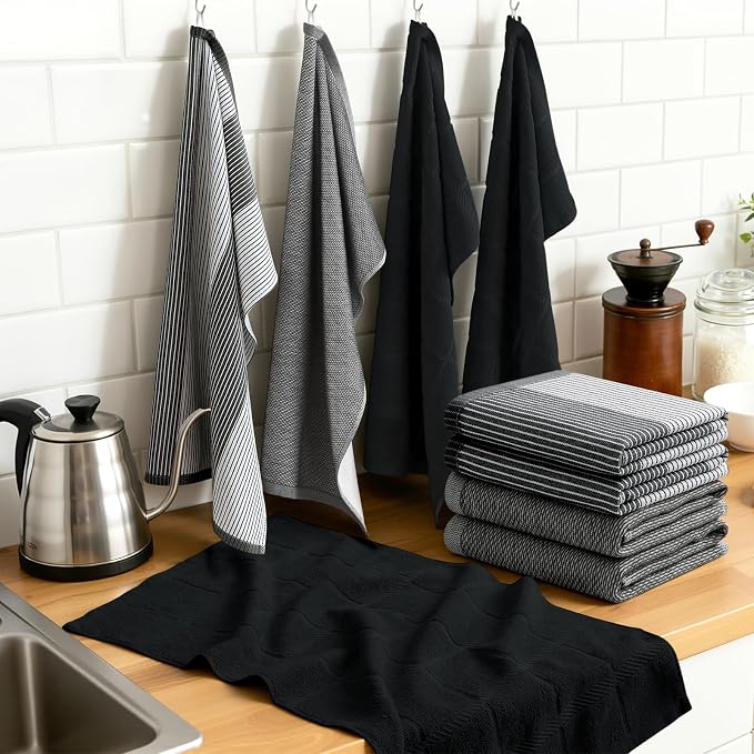 Homaxy 3 Pack Cotton Terry Premium Kitchen Towels, 18 x 28 in, Black | Large 380 GSM Dish Towels, Highly Absorben Flat & Terry Kitchen Hand Towels, Soft Utility Tea Towel Set with Hanging Loop