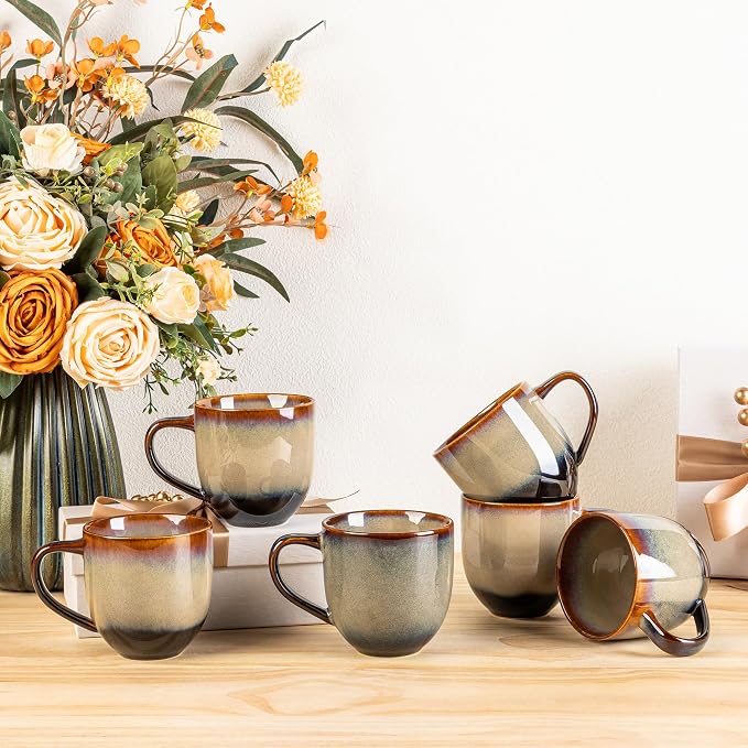 theterra Ceramic Coffee Mugs Set of 6, 12 oz Coffee Cups with Handle | Handmade, Suitable for Latte, Tea, Milk, Beer & Hot Cocoa, Mocha Brown