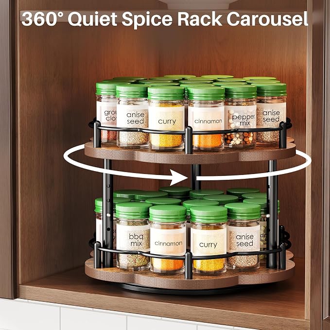 SNTD 2-Tier Lazy Susan Spice Rack Organizer for Cabinet, Wood, 10 in | Petal-Inspired Design, Height Adjustable, Easy Access to Every Spice, Rotating Seasoning Turntable for Countertop & Pantry