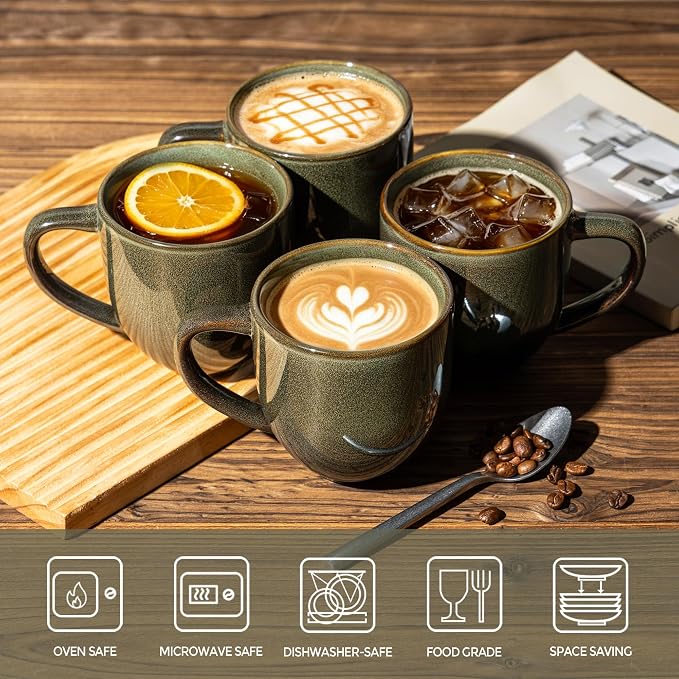 theterra Ceramic Coffee Mugs Set of 6, 12 oz Coffee Cups with Handle | Handmade, Suitable for Latte, Tea, Milk, Beer & Hot Cocoa, Olive Green