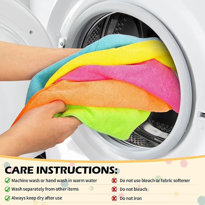 Microfiber Cleaning Cloth, 20 Pack Cleaning Rags, Cleaning Towels for Housekeeping, Kitchen, Car, Lint-Free, Reusable Shop Towels with 5 Colors (Green/Blue/Yellow/Orange/Pink), 12"X12"
