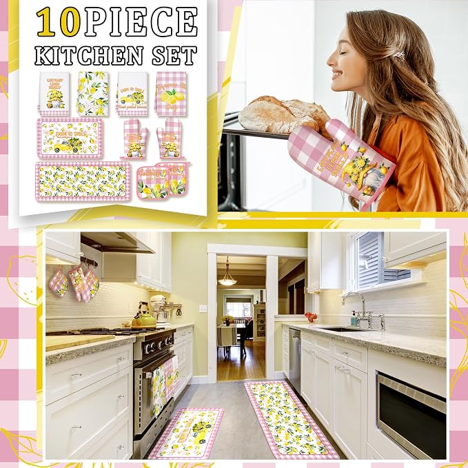 Fourluoo 10 Pcs Lemon Kitchen Decor and Accessories Set Lemon Kitchen Rugs Towels Pot Holders Oven Mitts Set for Cooking Baking Mom Housewarming Gifts