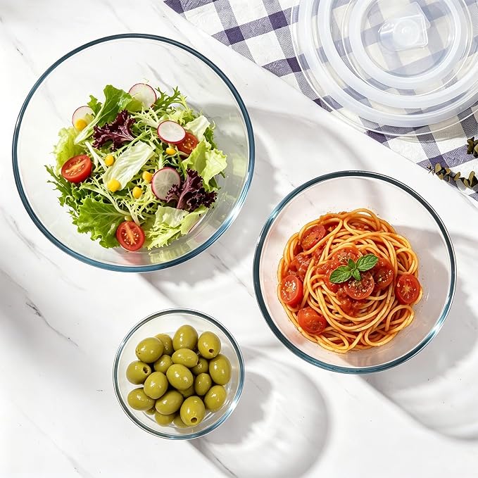 E-far Glass Mixing Bowls with Airtight Lids Set, 4.8,2.9,0.8 Qt Thick Glass Salad Bowls for Cooking Prep Serving, Large Clear Nesting Bowls for Storage Sourdough Proofing, Dishwasher Safe, 3 Pack