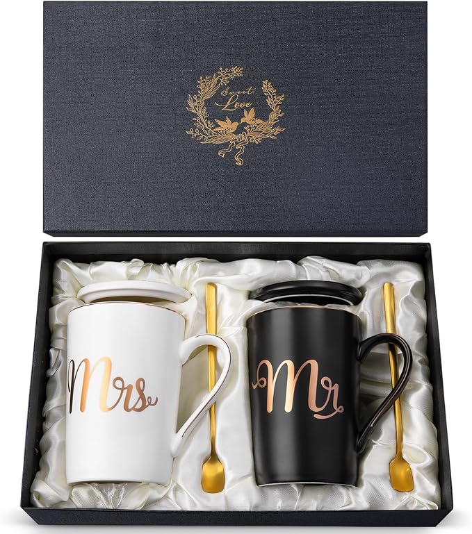 Mr and Mrs Mugs Set Printed with Gold, Wedding Engagement Gifts for Couples