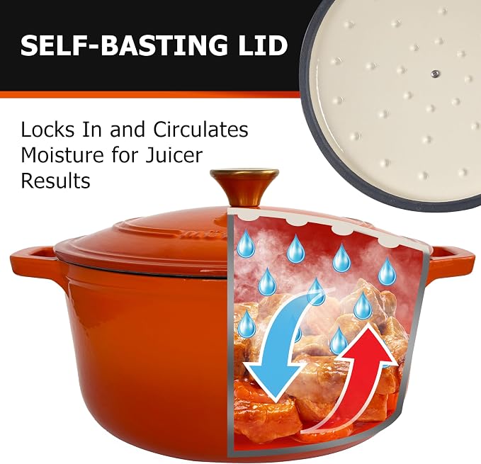 MUELLER HOME 6 Quart Enameled Cast Iron Dutch Oven for Bread Baking | Oven-Safe up to 500°F & Across All Cooktops, Housewarming Gifts New Home, Cast Iron Cookware, Gifts for Women, Orange