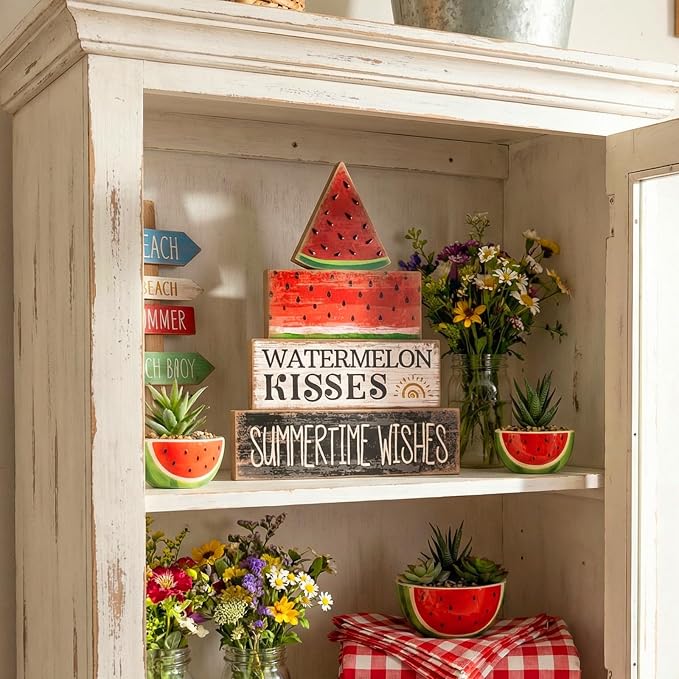 Lineshading 4 Pcs Summer Table Decor Wooden Watermelon Tiered Tray Decor | Stackable Summer Home Decoration, Rustic Tabletop Piece for Birthday Party, Watermelon Kisses Summertime Wishes Signs