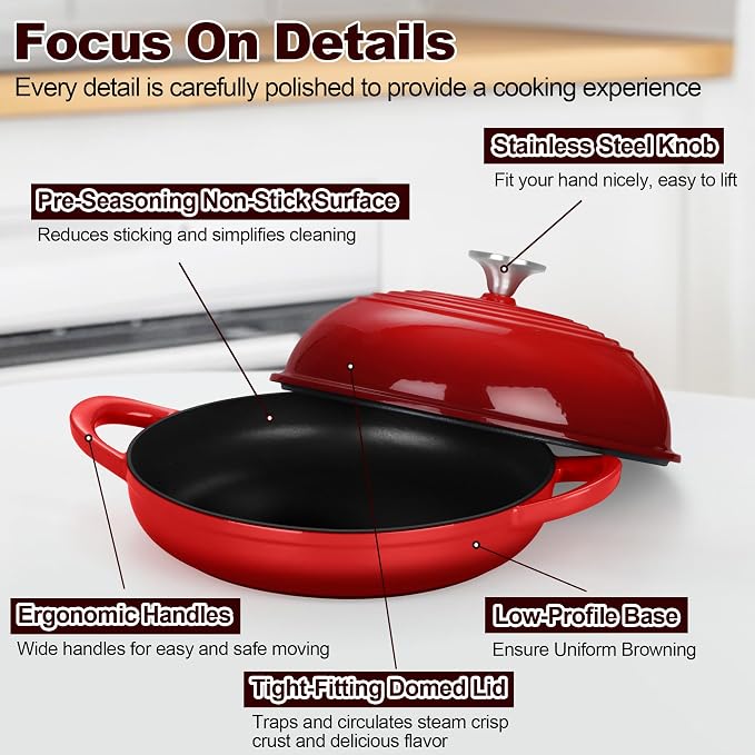 TeamFar Cast Iron Bread Dutch Oven, 6 Qt Enameled Dutch Oven Pot | for Sourdough Bread Baking, with Tall Dome Lid & Round Base Pan, Self-Basting & Even-Heating, Heavy-Duty & Non-stick, Red