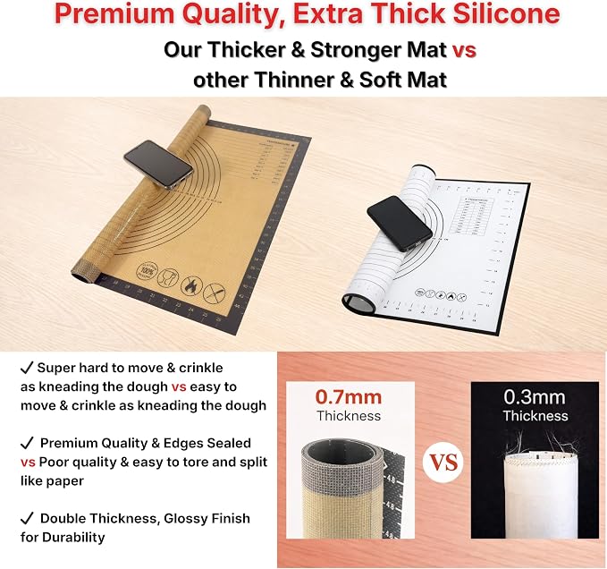 Silicone Pastry Mat with Measurements, 28 x 20 Inch Extra Thick Non-Slip Nonstick XL Baking Mat for Dough Rolling, Kneading, Fondant and Pie, Gray