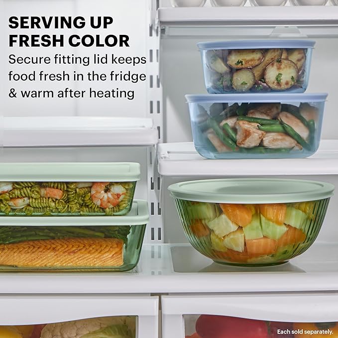 Pyrex Colors (2-Pack) Sculpted Tinted Small/Medium Glass Mixing Bowls | 1.3QT & 2.3QT nesting bowls with plastic lids, for prepping & baking