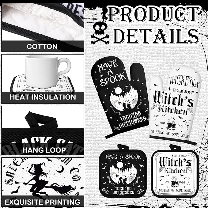 SiliFine 12 Pcs Halloween Kitchen Towels Oven Mitts Pot Holders Set | Gothic Witch Black Cat Skull Prints, Halloween Kitchen Accessories, Home Cooking Baking Protection, Holiday Decorations