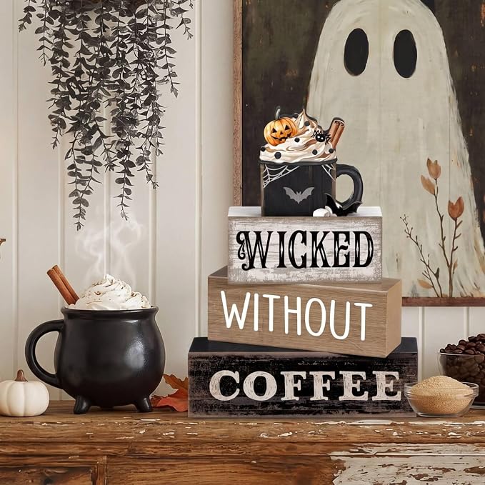 Lineshading 4 Pcs Halloween Coffee Table Decor, Gothic Black Wood Sign Home | Gothic Black Mug with Pumpkin Spider, Halloween Coffee Bar Centerpiece, Rustic Wood Stacked Sign, Holiday Kitchen Shelf Decor