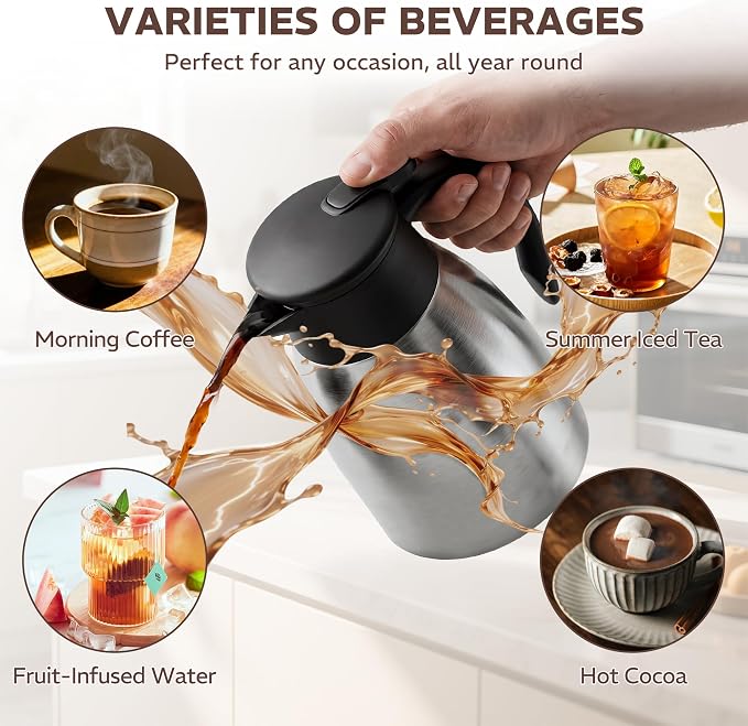 Thermal Coffee Carafe for Keeping Hot – 34OZ Insulated Small Coffee Pot | 304 Stainless Steel Coffee Flask, Tea Pitcher for Hot Drinks Liquid Water, Insulated Beverage Dispenser for Parties